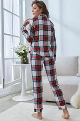 Plaid Button Front Top and Pants Lounge Set OutfitFlow